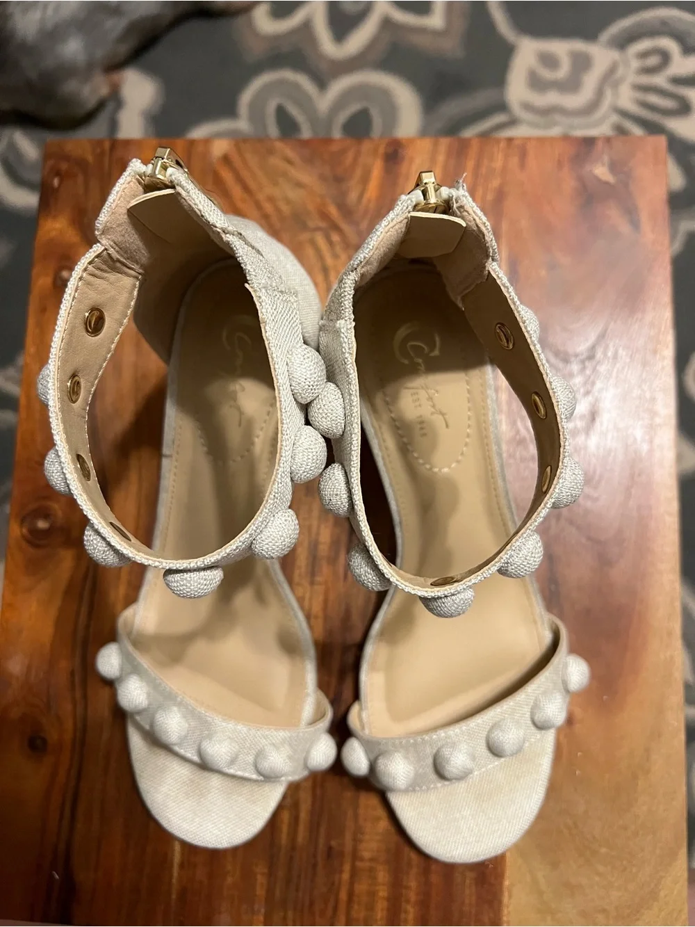 Cato Comfort Linen Pom Pom Block Heel Sandals Women’s 8W Wide